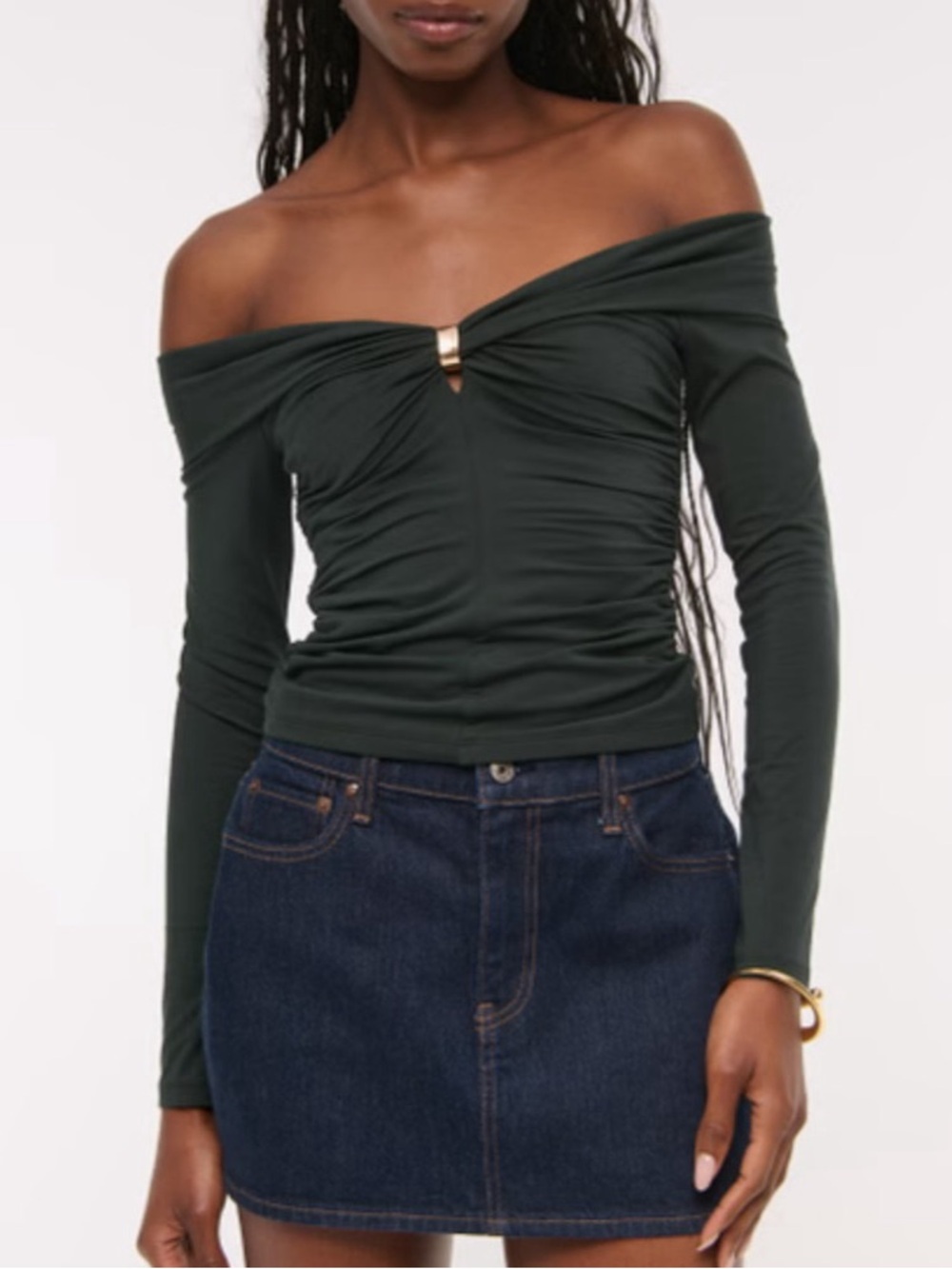 Abercrombie & Fitch NWT Off The Shoulder Hardware Top Jersey Stretch Green